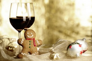 Two glasses of Red Wine, Gingerbread Man and Christmas Ornaments