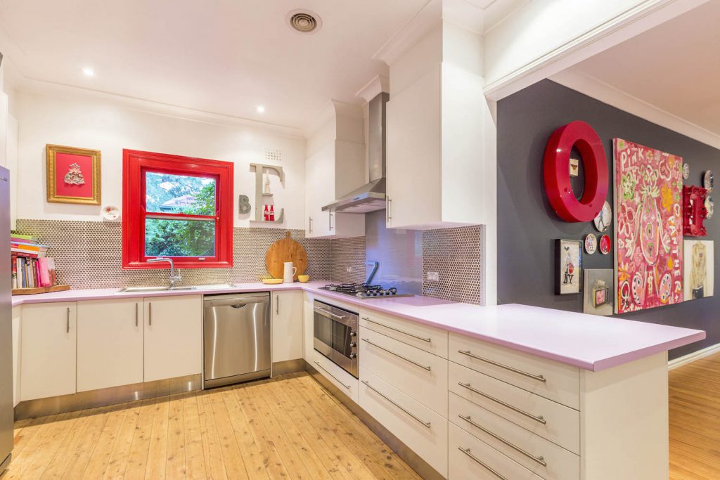 Soft purple bench tops in the kitchen
