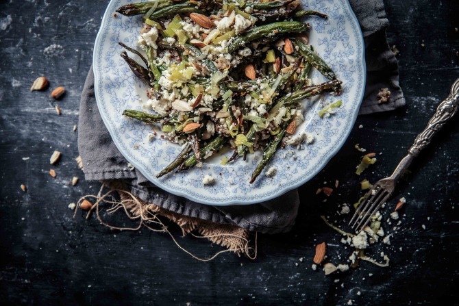 Roasted Green Bean Quinoa Salad with Butter Fried Leek, Feta and Almonds