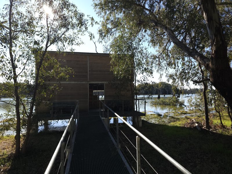 A wooden bird hide where native birds can be observed at Gum Swamp.
